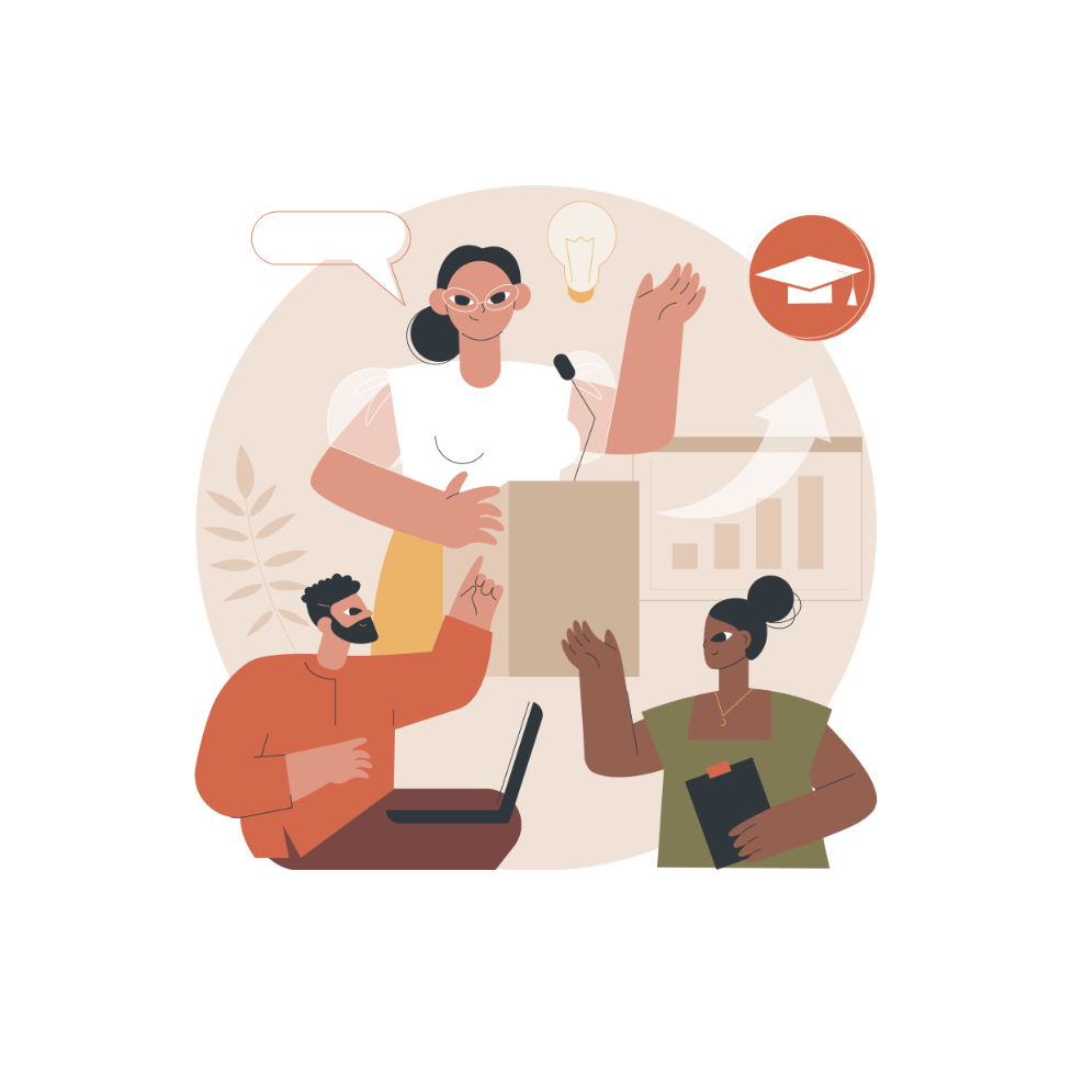 An illustrative graphic of 3 people learning, educating, and growing.